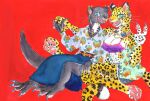  anthro clothed clothing duo ear_piercing felid female giant_otter hand_holding hi_res jaguar mammal mustelid otter pantherine piercing river_otter sibaketsu traditional_media_(artwork) 