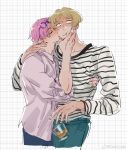  2boys blonde_hair blush coby_(one_piece) cropped_torso eyewear_on_head glasses helmeppo highres kiss kissing_cheek male_focus mcbuckwheat multiple_boys one_piece pink_hair shirt short_hair sunglasses surprise_kiss surprised t-shirt yaoi 