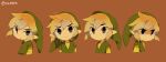  1boy blonde_hair blue_eyes brown_background closed_mouth commentary green_headwear green_shirt highres link looking_at_viewer male_focus multiple_persona parted_bangs pointy_ears shirt simple_background smile the_legend_of_zelda the_legend_of_zelda:_the_wind_waker tokuura toon_link 