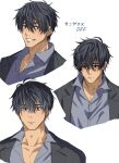  1boy absurdres akisyake23 black_eyes black_hair black_jacket collarbone collared_shirt frown grey_background grey_shirt grin highres jacket looking_at_viewer looking_down male_focus nicholas_d._wolfwood shirt short_hair simple_background smile teeth trigun trigun_stampede upper_body 