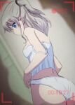  1girl arms_at_sides ass back bare_arms bare_shoulders blue_eyes blurry blurry_background breasts camisole charlotte_(anime) closed_mouth commentary_request cowboy_shot expressionless eyelashes eyes_visible_through_hair from_side grey_hair hair_between_eyes hidden_camera highres indoors lelie_(lelie_link) light_blush long_hair looking_down medium_breasts off_shoulder paid_reward_available panties profile recording sidelocks solo standing tomori_nao two_side_up underwear white_camisole white_panties 