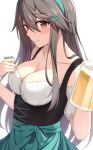  1girl akahi242 alcohol beer beer_mug black_hair blush breasts brown_eyes cleavage closed_mouth collarbone cup dirndl german_clothes green_hairband hair_between_eyes hair_ornament hairband hairclip haruna_(kancolle) highres holding holding_cup kantai_collection large_breasts long_hair mug simple_background smile solo twitter_username upper_body white_background 