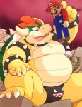  2023 anthro band-aid bandage belly big_belly bowser bulge clothing duo hat headgear headwear human humanoid_hands kemono koopa male mammal mario mario_bros meg_hoi nintendo overalls overweight overweight_male scalie shirt sitting tongue tongue_out topwear underwear 
