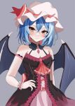  1girl alternate_costume ascot atory bat_wings black_dress blue_hair closed_mouth commentary_request crossed_bangs detached_collar dress grey_background hat hat_ribbon looking_at_viewer mob_cap red_ascot red_eyes red_ribbon remilia_scarlet ribbon short_hair simple_background solo touhou white_headwear wings wrist_cuffs 