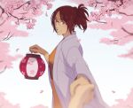  1girl 1other blurry brown_eyes brown_hair cherry_blossoms commentary depth_of_field floral_print glasses grey_robe hange_zoe hanpetos holding holding_hands holding_lantern japanese_clothes kimono lantern obi orange_kimono paper_lantern petals ponytail robe sash shingeki_no_kyojin smile solo_focus 