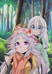  2girls :o ahoge alternate_costume animal_on_head aoba_chika aqua_jacket bird bird_on_head bird_request blue_eyes blunt_bangs blush clenched_hand closed_mouth commission floral_print forest grass grey_hair hair_between_eyes hands_up headwear_request highres holding_acorn hood hood_down hooded_jacket iyofika jacket jewelry kaharu_yuuna layered_sleeves long_bangs long_hair long_sleeves looking_at_another looking_up magia_record:_mahou_shoujo_madoka_magica_gaiden mahou_shoujo_madoka_magica multiple_girls nature on_head open_mouth orange_scarf outdoors parted_bangs print_headwear purple_eyes ring scarf shirt short_eyebrows short_over_long_sleeves short_sleeves smile spiked_hair strap teeth thick_eyebrows tree turtleneck upper_body upper_teeth_only very_long_hair white_hair white_headwear white_sleeves yellow_shirt 