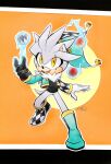  1boy absurdres alternate_costume asymmetrical_footwear asymmetrical_gloves black_gloves boots finik gloves halloween halloween_costume highres jacket open_clothes open_jacket open_mouth signature silver_the_hedgehog solo sonic_(series) white_gloves 