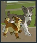  2013 aliasing ambiguous_gender blue_(bluekyokitty) blue_eyes blue_nose bluekyokitty border border_collie brown_body brown_fur brown_nose canid canine canis cel_shading collie day detailed_background digital_drawing_(artwork) digital_media_(artwork) digitigrade domestic_dog duo feral fur grass green_eyes green_sclera grey_border grey_sclera herding_dog mammal open_mouth open_smile outside pastoral_dog paws plant raised_tail sebdoggo shaded sheepdog short_tail smile standing tail tan_body tan_fur tan_inner_ear tree welsh_corgi white_body white_fur 