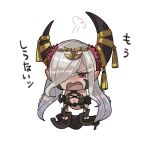  1girl absurdres asymmetrical_horns bare_shoulders blush breasts chibi cleavage dragon_girl fire_emblem fire_emblem_engage hair_ornament hair_over_one_eye highres horns illust_mi large_breasts long_hair mature_female pointy_ears purple_eyes purple_ribbon revealing_clothes ribbon smile solo tan tassel tassel_hair_ornament very_long_hair zelestia_(fire_emblem) 