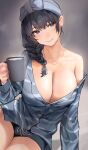  1girl absurdres black_hair blue_shirt blue_shorts blush braid braided_ponytail breasts cleavage cup head_tilt highres holding holding_cup inushima large_breasts looking_at_viewer mole mole_under_mouth original shirt shorts single_bare_shoulder smile solo steam striped striped_shirt 