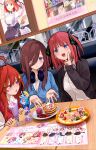  3girls :d ahoge black_cardigan black_ribbon blue_cardigan blue_eyes blunt_bangs booth_seating brown_hair butterfly_hair_ornament cafe cardboard_cutout cardigan chibi collared_shirt commentary_request food go-toubun_no_hanayome hair_between_eyes hair_ornament headphones headphones_around_neck highres jacket long_hair looking_at_food looking_at_viewer medium_hair memidesuyo multiple_girls nakano_ichika nakano_itsuki nakano_miku nakano_nino nakano_yotsuba open_cardigan open_clothes open_jacket open_mouth pancake parfait pink_hair quintuplets red_hair red_sweater_vest ribbon school_uniform shirt siblings sisters smile star_(symbol) star_hair_ornament sweater_vest table two_side_up uesugi_fuutarou v white_shirt 