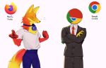  absurd_res anthro clothed clothing countershade_face countershade_fur countershade_neck countershading crossed_arms duo for_a_head fur google google_chrome hi_res humanoid jacket kogito male markings mozilla mozilla_firefox_(character) necktie object_head orange_body orange_fur suit topwear yellow_markings 