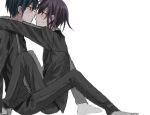  2boys arms_around_neck black_hair black_jacket black_pants blush buttons danganronpa_(series) danganronpa_v3:_killing_harmony eye_contact flipped_hair grey_background imminent_kiss jacket kasou_(roomno404_) knees_up looking_at_another male_focus multiple_boys official_alternate_costume oma_kokichi pants profile saihara_shuichi short_hair simple_background sitting sweat yaoi 