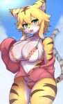  absurd_res anthro big_breasts blush breasts clothed clothing felid feline felis female hair hi_res ice1368 kemono mammal mia_(world_flipper) pantherine smile solo tiger white_body world_flipper yellow_body 