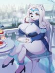  anthro bear big_breasts breasts cleavage clothed clothing container crossed_legs cup female footwear hi_res high_heels holding_container holding_cup holding_object kaeritai07 mammal polar_bear solo thick_thighs ursine 
