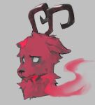  ambiguous_gender anthro bovid bust_portrait caprine christmas curled_horn don&#039;t_starve exhaling_smoke fur goat grey_background holidays horn klei_entertainment krampus male_(lore) mammal portrait ramssa red_body red_fur simple_background smoke solo white_eyes 