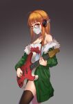  1girl ahoge alternate_eye_color bangs bass_guitar behind-the-head_headphones black_thighhighs blunt_bangs breasts collarbone fur-trimmed_jacket fur_trim glasses gradient_background green_jacket grey_background headphones highres holding holding_instrument instrument jacket long_hair looking_at_viewer mask mouth_mask off_shoulder orange_hair persona persona_5 print_shirt red_eyes sakura_futaba shiraha_(pixiv10239953) shirt small_breasts solo straight_hair thighhighs thighs white_mask white_shirt 