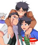  4boys absurdres akagi:_yami_ni_oritatta_tensai akagi_shigeru arm_around_shoulder black_eyes black_hair blue_eyes blue_jacket bright_pupils brown_jacket buraiden_gai cigarette closed_eyes closed_mouth commentary_request frown grey_hair grin highres inudori itou_kaiji jacket kaiji kudou_gai letterman_jacket long_hair long_sleeves male_focus medium_bangs multiple_boys open_mouth scar scar_across_eye scar_on_cheek scar_on_face scar_on_hand shirt short_bangs short_hair simple_background smile smoking tobaku_haouden_zero ukai_zero upper_body white_background white_pupils white_shirt 