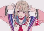  1girl arms_up blue_sailor_collar closed_mouth collar jacket kamatama_rom looking_at_viewer makaino_ririmu makaino_ririmu_(4th_costume) multicolored_hair nail_polish neckerchief nijisanji pink_jacket red_neckerchief sailor_collar shirt simple_background solo streaked_hair tongue tongue_out virtual_youtuber white_shirt 