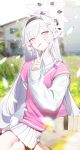  1girl alternate_costume blue_archive blurry blush casual closed_mouth collared_shirt commentary_request depth_of_field earclip flower food_in_mouth grey_ribbon hair_flower hair_ornament hairclip halo hand_up highres himari_(blue_archive) korean_commentary long_hair long_sleeves looking_at_viewer mole mole_under_eye multicolored_nails neck_ribbon outdoors pink_vest pleated_skirt pointy_ears purple_eyes ribbon shirt sitting skirt sleeves_past_wrists smile solo v very_long_hair vest white_flower white_hair white_halo white_shirt white_skirt zanya_000 