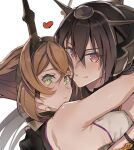  2girls black_gloves black_hair blush breasts brown_hair closed_mouth cosmic_(crownclowncosmic) gloves green_eyes hair_between_eyes headgear heart kantai_collection large_breasts long_hair looking_at_viewer multiple_girls mutsu_(kancolle) nagato_(kancolle) parted_lips red_eyes short_hair simple_background upper_body white_background yuri 