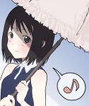  1girl bare_arms blue_shirt blush brown_eyes brown_hair closed_mouth collared_shirt eighth_note highres holding holding_umbrella konakusoosyou looking_at_viewer musical_note nakahara_misaki nhk_ni_youkoso! parasol shirt short_hair sidelocks smile solo speech_bubble umbrella 