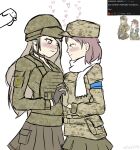  2girls absurdres armband artist_name belt belt_pouch blush body_armor cargo_skirt choker commentary digital_camouflage earrings english_commentary era_bricks_(meme) florkofcows_(style) goggles goggles_on_headwear green_shirt heart helmet highres holding_hands jewelry long_hair looking_at_another luke5353 medium_hair meme military military_uniform multiple_girls original plate_carrier pleated_skirt pouch reddit reference_inset russo-ukrainian_war scarf screencap_inset shirt simple_background skirt tactical_clothes tryzub ukraine uniform white_background yuri 