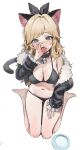  1girl animal_ear_fluff animal_ears barefoot bell bikini black_bikini black_collar black_jacket blonde_hair blue_eyes blush bow bowl breasts cat_ears cat_tail cleavage collar fellatio_gesture full_body fur-trimmed_jacket fur_trim gompang_11 grey_bow hair_bow hair_intakes highres jacket large_breasts long_sleeves looking_at_viewer navel neck_bell original parted_bangs pet_bowl simple_background sitting solo stomach swimsuit tail tongue tongue_out wariza white_background 