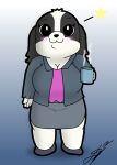  anthro big_breasts black_body black_fur bottomwear breasts brush brushing canid canine canis clothing coat container cup d13w0tt(artist) dogs_in_space domestic_dog female footwear fur grey_bottomwear grey_clothing grey_coat grey_skirt grey_topwear hi_res long_ears magenta_clothing mammal multicolored_body multicolored_fur netflix penelope(trainer) shoes short_stack simple_background skirt smile solo steam thick_thighs tibetan_spaniel topwear toy_dog two_tone_body two_tone_fur white_body white_fur 
