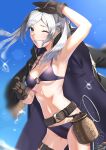  1girl absurdres belt bikini blue_sky blush breasts brown_eyes brown_gloves cleavage commentary_request cowboy_shot fire_emblem fire_emblem_awakening fire_emblem_heroes gloves grey_hair grin hand_up highres looking_at_viewer medium_breasts navel o-ring o-ring_bikini official_alternate_costume one_eye_closed partial_commentary purple_bikini robe robin_(female)_(fire_emblem) robin_(female)_(summer)_(fire_emblem) robin_(fire_emblem) sky smile solo swimsuit tpicm twintails 