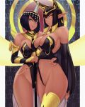  2girls animal_ears ankh black_hair blue_eyes breasts bridal_gauntlets circlet clothes_pull cosplay crossover dark-skinned_female dark_elf dark_skin egyptian elbow_gloves elf eliza_(skullgirls) etahoin gloves highres large_breasts last_origin long_hair long_pointy_ears looking_at_viewer multiple_girls navel pointy_ears sekhmet_of_death sekhmet_of_death_(cosplay) short_hair single_thighhigh skullgirls thighhighs usekh_collar yellow_eyes 