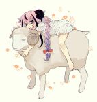  1girl alternate_costume black_hair bow braid closed_mouth commentary dress flower_(symbol) frilled_dress frills full_body gradient_hair hair_bow half-closed_eyes highres hikimayu horns ishitsuki_(_0101_831) long_hair looking_at_viewer lying lying_on_animal meika_hime multicolored_hair on_stomach one-hour_drawing_challenge pink_hair purple_hair purple_nails red_bow sheep sheep_horns short_dress short_sleeves smile solo streaked_hair very_long_hair vocaloid white_dress yellow_background 