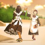  2girls :d apron black_hair blurry blurry_background brown_hair from_behind high_five holding holding_skateboard long_hair long_skirt maid maid_apron maid_headdress multiple_girls necktie original red_necktie shoes short_hair skateboard skateboarding skirt smile sneakers sunset suzushiro_(suzushiro333) 