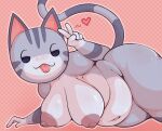  &lt;3 animal_crossing anthro areola bedroom_eyes behniis big_breasts blep breasts domestic_cat felid feline felis female gesture hi_res huge_breasts lolly_(animal_crossing) looking_at_viewer lying mammal markings multicolored_body narrowed_eyes nintendo nipples nude on_side seductive slightly_chubby solo striped_markings striped_tail stripes tail tail_markings tan_areola tan_nipples thick_thighs tongue tongue_out two_tone_body v_sign 