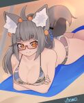  ahoge animal_humanoid arumo beach big_breasts breasts brown_eyes butt canid canid_humanoid canine canine_humanoid cleavage clothed clothing eyes_closed eyewear female fox_humanoid glasses grey_hair hair hi_res humanoid long_hair lying mammal mammal_humanoid on_front seaside smile solo 