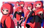  1girl absurdres black_shirt black_thighhighs bow cloak commentary disembodied_head english_commentary hair_bow highres long_sleeves looking_at_viewer multiple_heads multiple_views open_mouth outline outside_border purple_bow red_background red_eyes red_hair red_skirt sekibanki shirt short_hair skirt smile spam_(spamham4506) star_(symbol) thighhighs touhou white_outline 