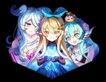  3girls aqua_eyes blonde_hair blue_hair crown diamond_(gemstone) elira_pendora elira_pendora_(1st_costume) finana_ryugu finana_ryugu_(1st_costume) fins frilled_sailor_collar frills glowing green_hair hair_over_one_eye head_fins highres lazulight long_hair multiple_girls neck_tattoo nijisanji nijisanji_en open_mouth pointy_ears pomu_rainpuff pomu_rainpuff_(1st_costume) purple_eyes red_eyes runiie sailor_collar smile tattoo 