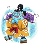  1boy air_bubble black_hair blue_skin bow bubble closed_eyes colored_skin crossed_arms happy japanese_clothes jinbe_(one_piece) kimori_mfkayj laughing male_focus one_piece open_mouth red_bow sandals scar sharp_teeth smile solo teeth toenails traditional_media translation_request 