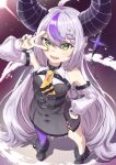  1girl ahoge ankle_cuffs ascot bare_shoulders black_horns black_nails braid braided_bangs detached_sleeves fangs grey_hair highres hololive horns la+_darknesss la+_darknesss_(1st_costume) long_hair multicolored_hair pointy_ears purple_hair purple_thighhighs qussie single_thighhigh sleeves_past_fingers sleeves_past_wrists streaked_hair striped_horns thighhighs virtual_youtuber yellow_ascot yellow_eyes 