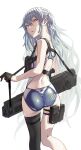 1girl absurdres assault_rifle backless_swimsuit black_gloves black_thighhighs blue_one-piece_swimsuit breasts brown_eyes chest_harness commentary competition_swimsuit from_behind fujita_(condor) g11_(girls&#039;_frontline) girls&#039;_frontline gloves grey_hair gun h&amp;k_g11 half_gloves harness highres long_hair looking_at_viewer looking_back one-piece_swimsuit open_mouth rifle simple_background single_thighhigh small_breasts solo swimsuit thigh_pouch thigh_strap thighhighs two-tone_swimsuit very_long_hair weapon white_background white_one-piece_swimsuit 