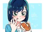  1girl :q birthday blush brown_hair commentary_request dated delicious_party_precure food fuwa_kokone green_eyes hair_ornament hairclip licking_lips precure sandwich sasami_sarada short_hair solo swept_bangs tongue tongue_out 