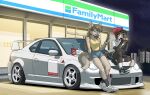  2girls ^_^ air_jordan_1 air_max air_max_90 animal_ear_fluff animal_ears animal_nose beanie black_hair black_shorts black_socks body_fur breasts brown_hair burger car cellphone closed_eyes collaboration colored_sclera convenience_store denim denim_shorts familymart flat_chest food furry furry_female hat highres holding holding_food honda honda_integra jollibee jollibee_(mascot) long_hair medium_breasts motor_vehicle multiple_girls night night_sky original phone red_headwear shirt shop short_shorts shorts sitting sky sleeveless sleeveless_shirt smartphone socks sonokido spoiler_(automobile) stance_(vehicle) tail vee_(427deer) vehicle_focus white_footwear white_socks wolf_ears wolf_girl wolf_tail yellow_sclera yellow_shirt 