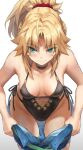  1girl bare_shoulders black_one-piece_swimsuit blonde_hair blush braid breasts clothes_pull collarbone fate/apocrypha fate_(series) french_braid green_eyes hair_ornament hair_scrunchie highres jewelry long_hair looking_down mordred_(fate) necklace one-piece_swimsuit pants pants_pull ponytail red_scrunchie scrunchie sidelocks solo swimsuit tonee variant_set 