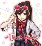  1girl ace_attorney adjusting_eyewear arm_behind_back badge blue_eyes blue_vest bow bowtie brown_hair button_badge buttons coat collared_shirt ema_skye flower hair_bun heart janelle lapels long_hair looking_at_viewer pink-tinted_eyewear pleated_skirt pocket red_bow red_bowtie shirt sidelocks skirt sleeves_rolled_up smile solo star_(symbol) swept_bangs thank_you tinted_eyewear upper_body vest vial white-framed_eyewear white_background white_coat 