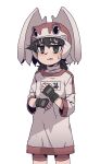  1girl alien_nine black_gloves black_hair borg_(alien_nine) clenched_teeth commentary cowboy_shot fingerless_gloves gloves grey_eyes gym_uniform hands_on_own_chest hands_up helmet highres jitome karepack looking_at_viewer low_twintails name_tag ootani_yuri parted_lips red_shirt red_shorts shirt short_hair shorts standing teeth transparent_background twintails white_shirt winged_helmet 