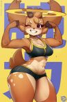  abs anthro antlers athletic athletic_anthro athletic_female bodily_fluids bottomwear bra breasts brown_body brown_fur clothing female flexing fur halo hi_res horn hotpants kokoni kokoni_(character) midriff one_eye_closed shorts smile solo sports_bra sweat thick_thighs underwear 