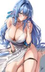  1girl bare_shoulders blue_eyes blue_hair blush braid breasts collarbone dress goddess_of_victory:_nikke hair_intakes helm_(nikke) highres jewelry large_breasts long_hair looking_at_viewer neck_ring piukute062 side_braid solo white_dress 