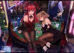  1boy 4girls alcohol animal_ears ankle_boots anna_(ikeuchi_tanuma) back-seamed_legwear bare_shoulders barrel beer_bottle beer_mug black_bow black_dress black_footwear black_jacket black_leotard blurry blush boots bottle bow bowtie breasts brown_hair card card_in_mouth carpet casino casino_card_table cleavage club_(shape) commentary_request cup dated depth_of_field detached_collar detached_sleeves diamond_(shape) dress dress_shirt drinking_glass fake_animal_ears fishnet_pantyhose fishnets hair_bow hair_ornament hairband heart high_heel_boots high_heels ikeuchi_tanuma indoors jacket jacket_on_shoulders jukebox large_breasts leotard letterboxed liquor long_hair long_sleeves looking_at_another looking_at_viewer looking_up lying mouth_hold mug multiple_girls neon_lights off_shoulder on_side original out_of_frame outstretched_hand pantyhose parted_lips plant playboy_bunny playing_card poker_chip poker_table potted_plant purple_eyes rabbit_ears red_bow red_bowtie red_eyes red_footwear red_hair red_leotard seamed_legwear self_hug shirt shoe_soles short_dress sidelocks sign sitting sitting_on_table spade_(shape) standing straight_hair strapless strapless_leotard table tino_(ikeuchi_tanuma) translation_request twintails twitter_username vest wine wine_bottle wine_glass wrist_cuffs yellow_bow yellow_bowtie 