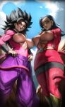  2girls :d absurdres belt big_hair black_hair blue_sky body_fur breasts caulifla dragon_ball dragon_ball_super earrings elite_nappa green_eyes highres jewelry kale_(dragon_ball) large_breasts long_hair monkey_tail multiple_girls nipples open_mouth pants parted_lips purple_pants red_skirt skirt sky smile spiked_hair super_saiyan super_saiyan_4 tail topless yellow_eyes 