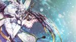  1girl athena_(ff14) butterfly_wings closed_eyes feathered_wings final_fantasy final_fantasy_xiv greatsword head_wings highres hollow_body long_hair low_wings mihira_(tainosugatayaki) sidelocks signature solo spoilers sword weapon white_hair wings 